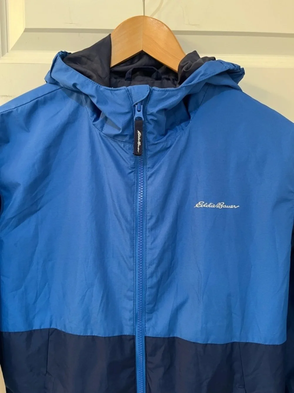 Eddie‎ Bauer Youth Large 14-16 Hooded Windbreaker Full Zip Jacket Blue Navy